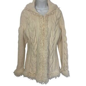 Handmade Ecuadorian Wool Cable Knit Zip Cardigan Sweater Hood Medium Jacket